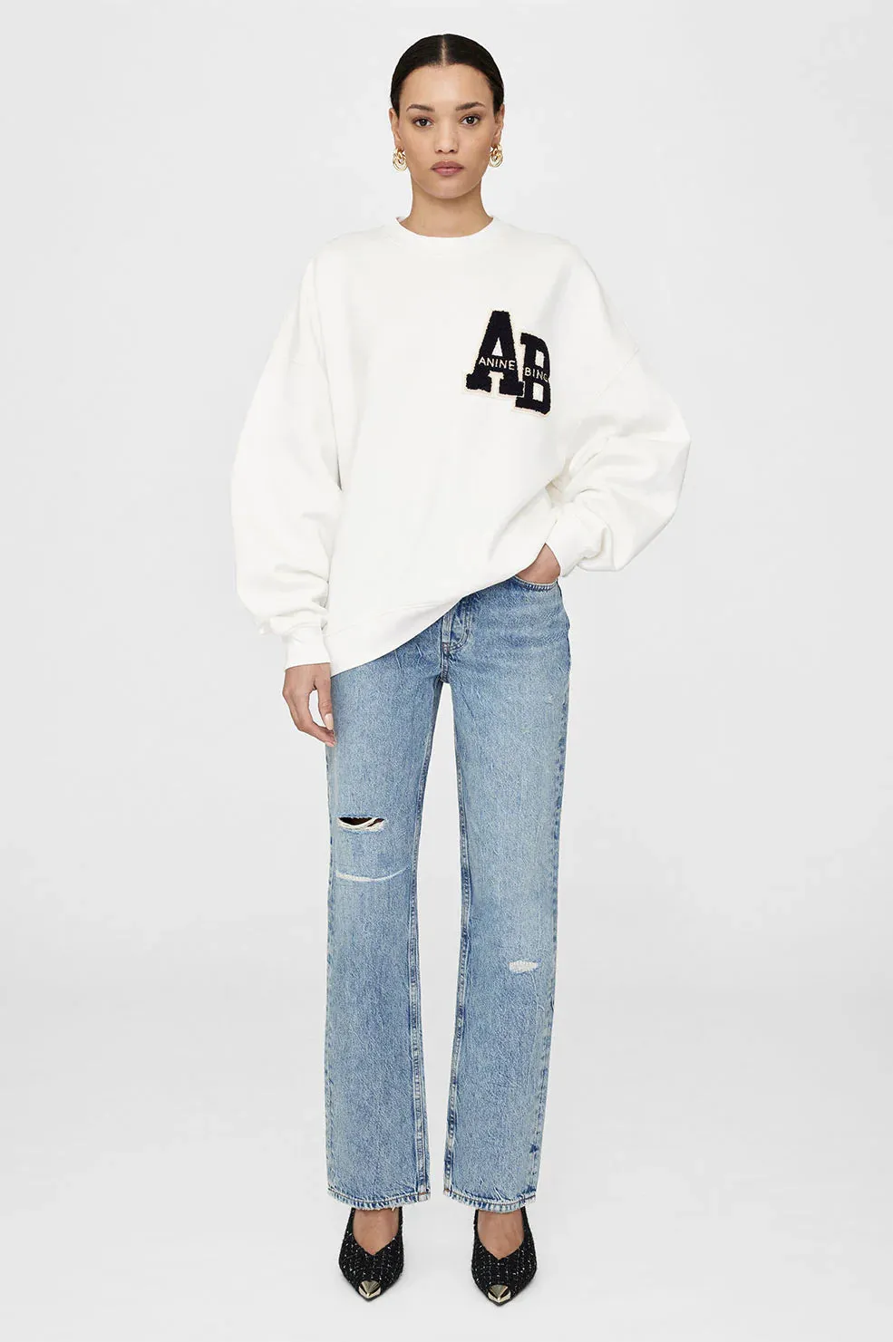 Anine Bing Miles Oversized Sweat Letterman in Off White