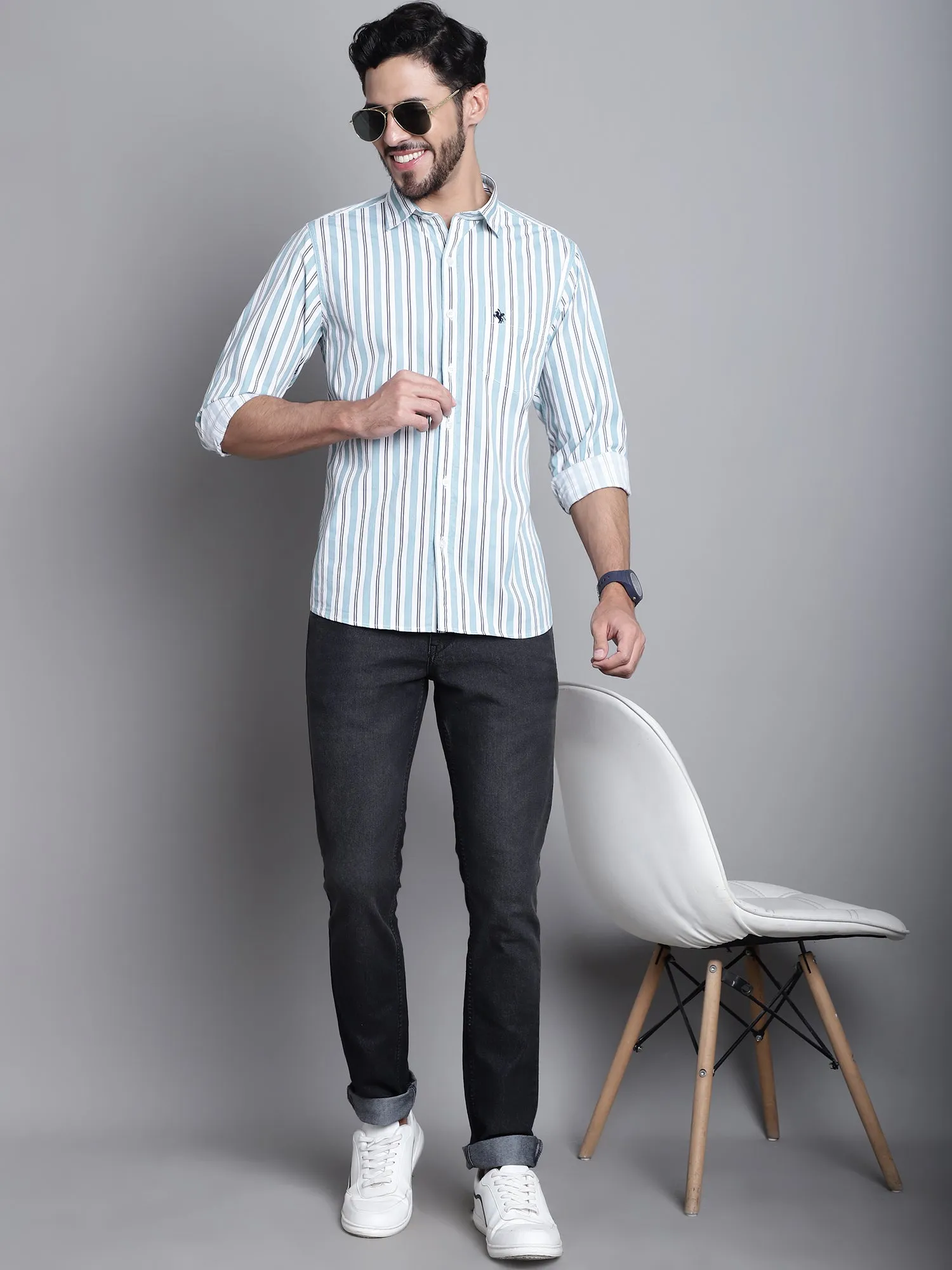 Cantabil Cotton Green Striped Full Sleeve Regular Fit Casual Shirt for Men with Pocket