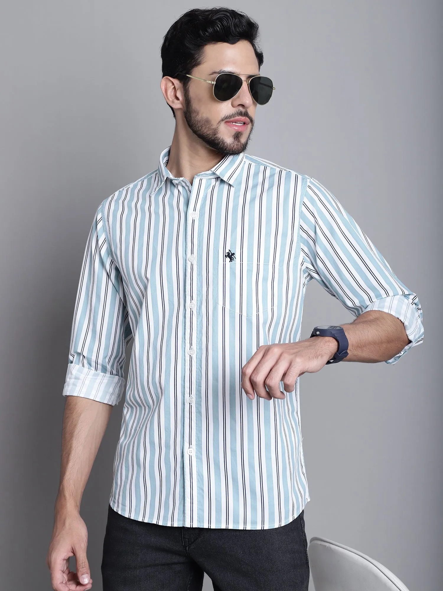 Cantabil Cotton Green Striped Full Sleeve Regular Fit Casual Shirt for Men with Pocket