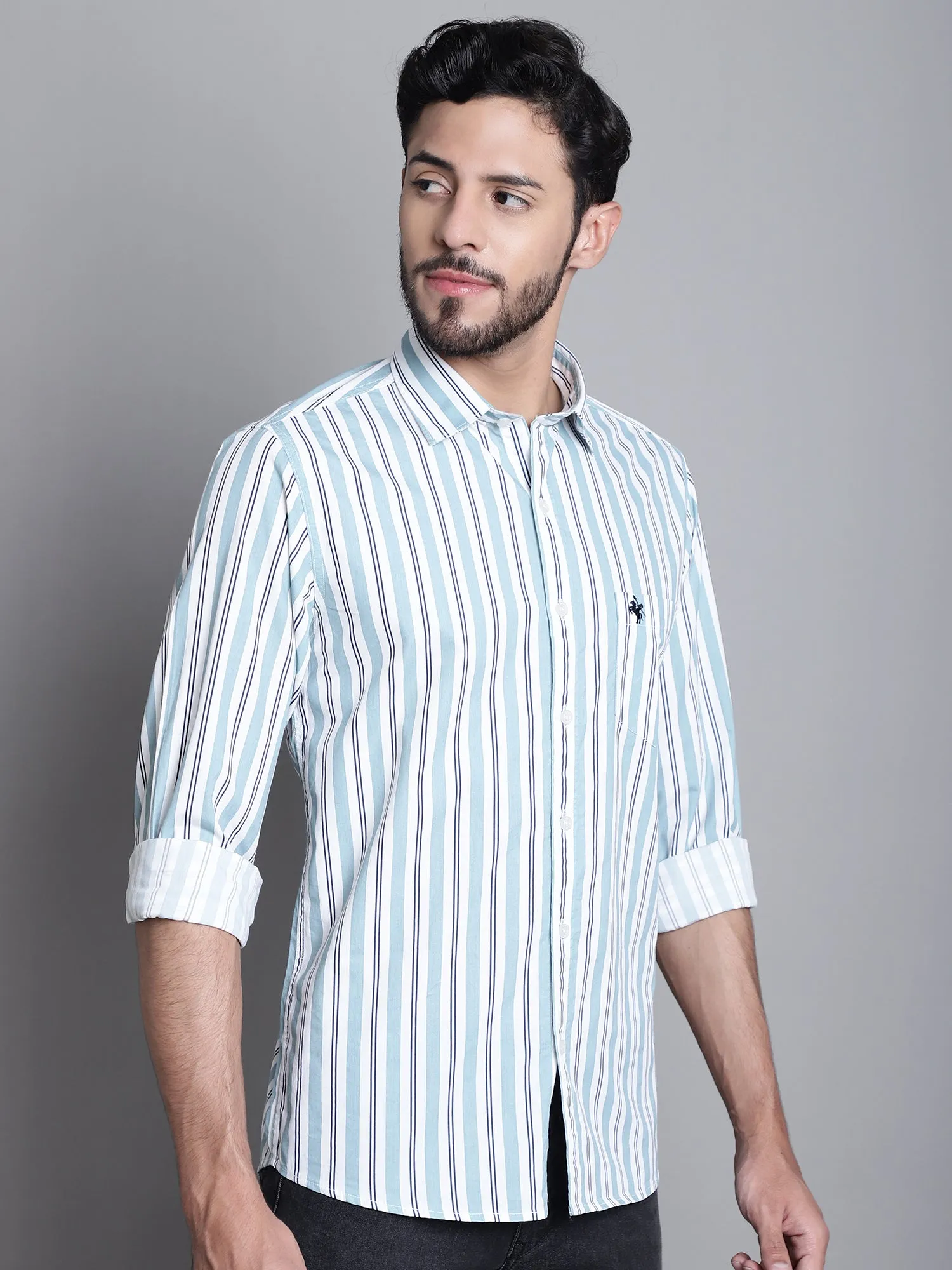 Cantabil Cotton Green Striped Full Sleeve Regular Fit Casual Shirt for Men with Pocket