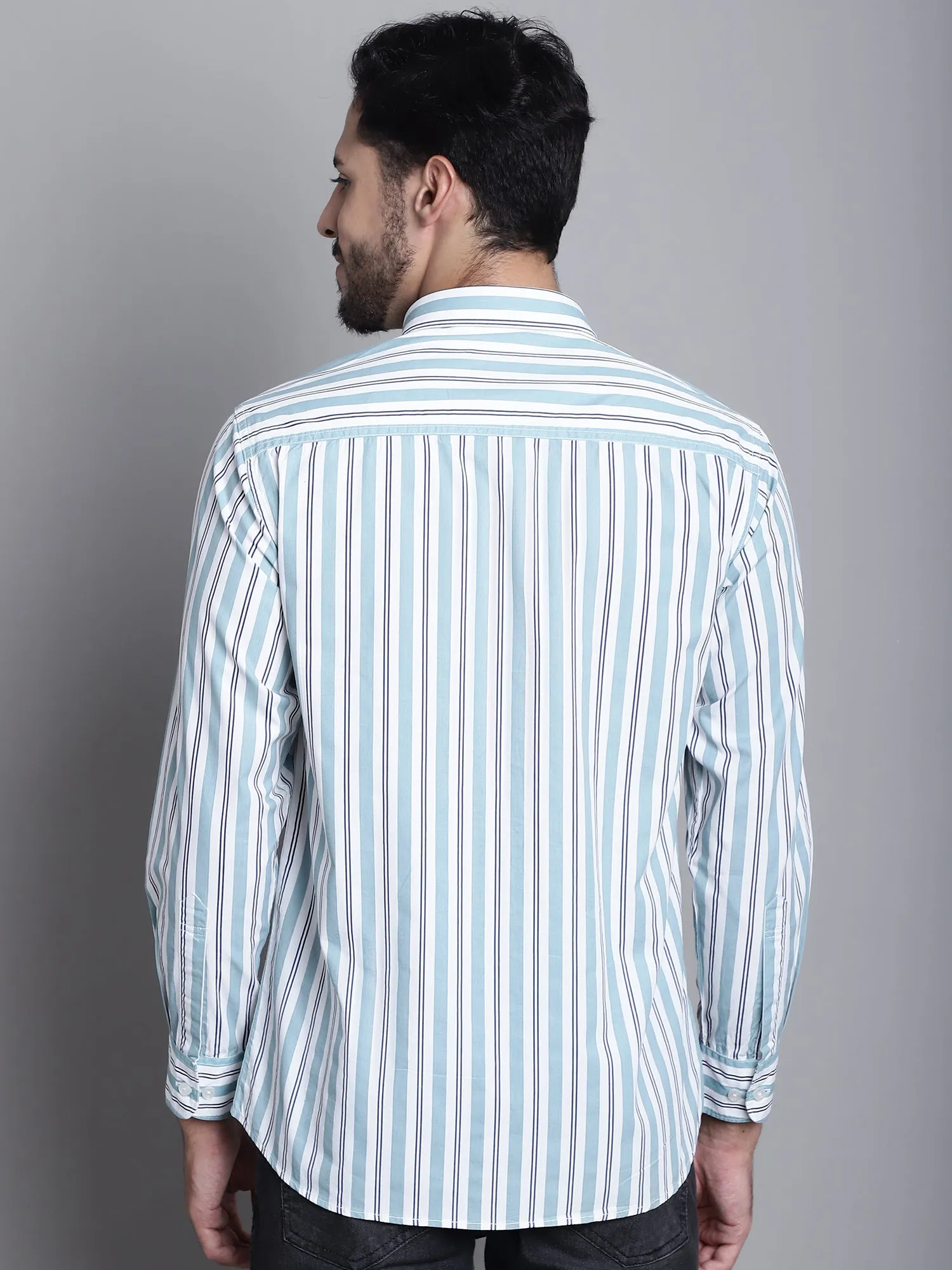 Cantabil Cotton Green Striped Full Sleeve Regular Fit Casual Shirt for Men with Pocket