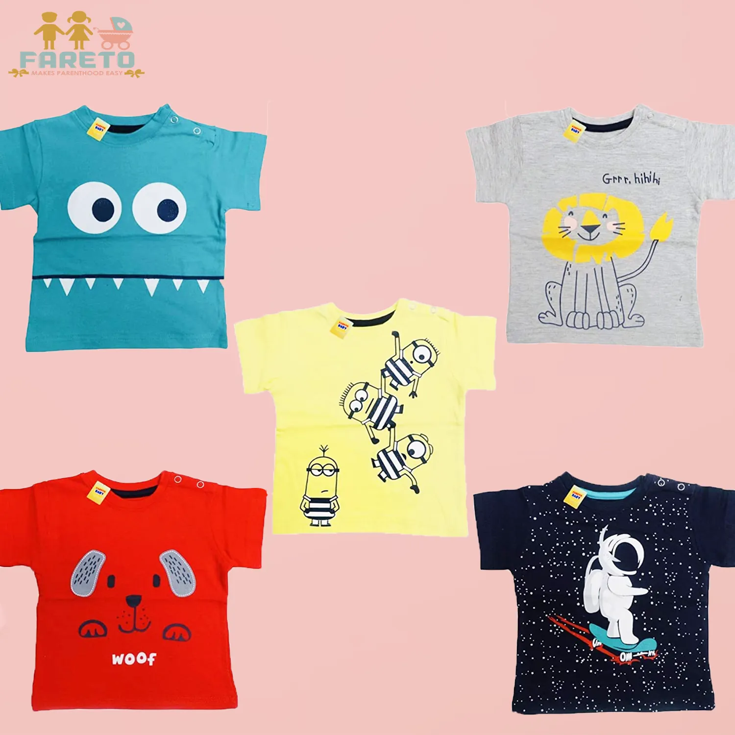 Fareto Baby Boy's & Baby Girl's Half Sleeves T-Shirt | Daily Wear T-Shirts(Touch button)(Pack of 5)