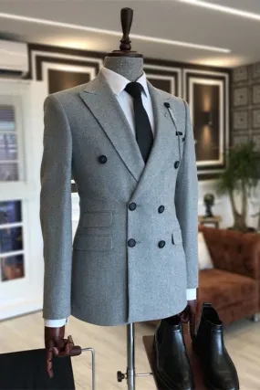 Gray Peaked Lapel Double Breasted Formal Business Suits Prom Suit Jackets