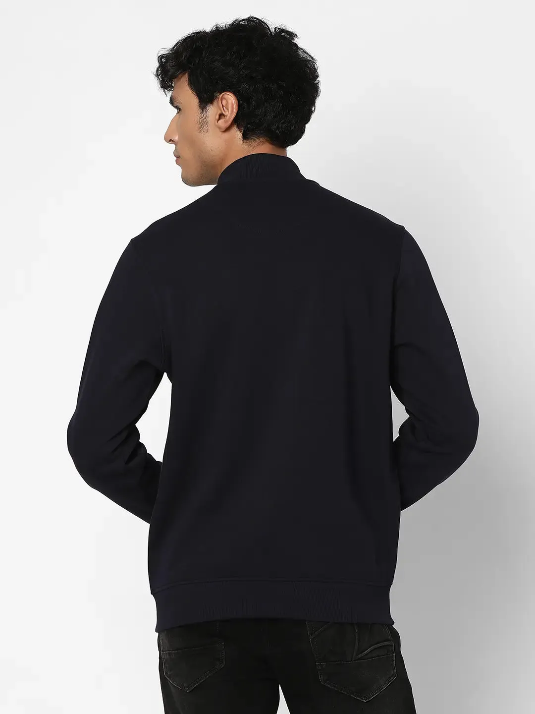 Spykar Men Navy Blue Blended Regular Fit Full Sleeve High Neck Printed Casual Sweatshirt