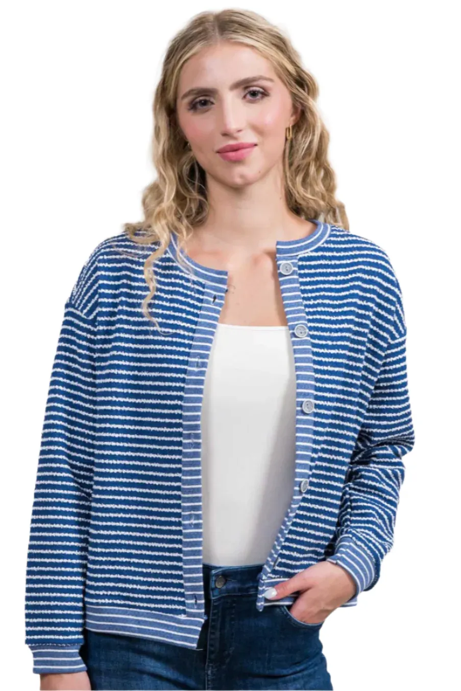 Trisha Tyler Stripe Button Front Cardigan