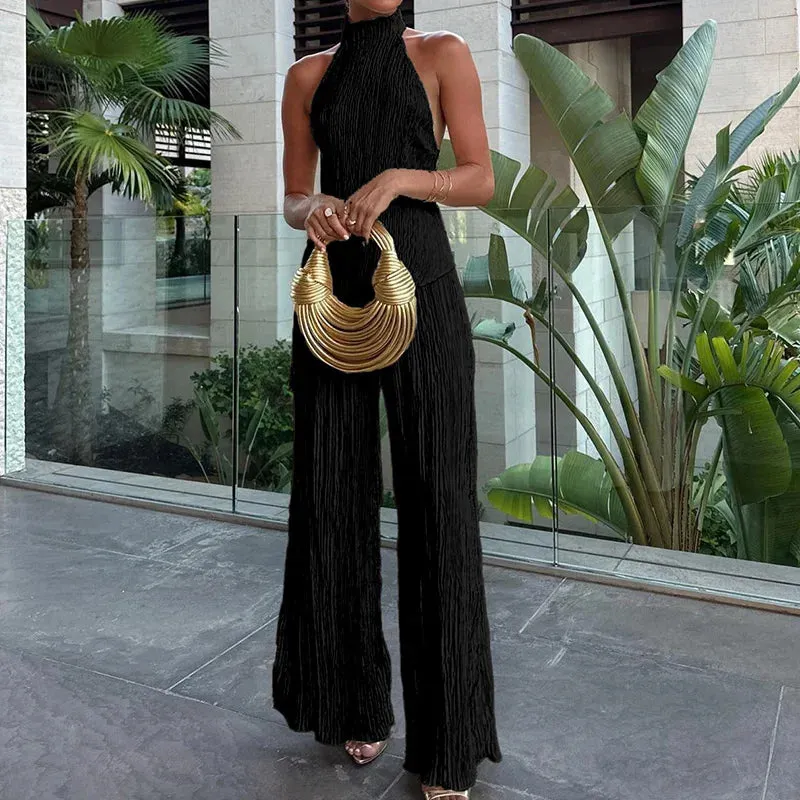 UAKISS  -  Women Summer Backless Patchwork Two Pieces Sets, Casual Half High Collar Fashion Outfit, 2024 Solid Wide Leg Pants Ladies Suits