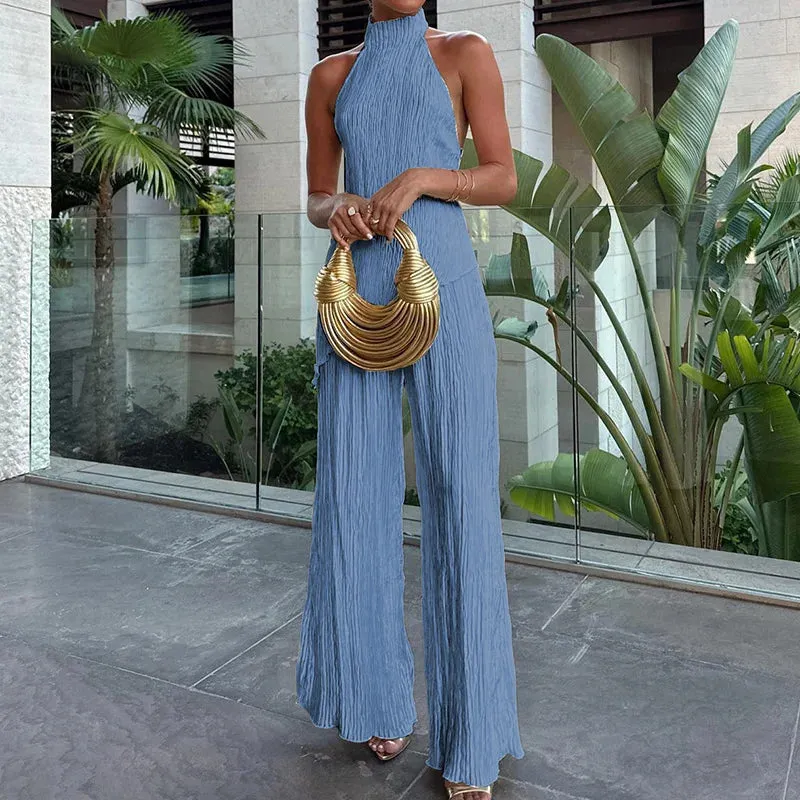 UAKISS  -  Women Summer Backless Patchwork Two Pieces Sets, Casual Half High Collar Fashion Outfit, 2024 Solid Wide Leg Pants Ladies Suits