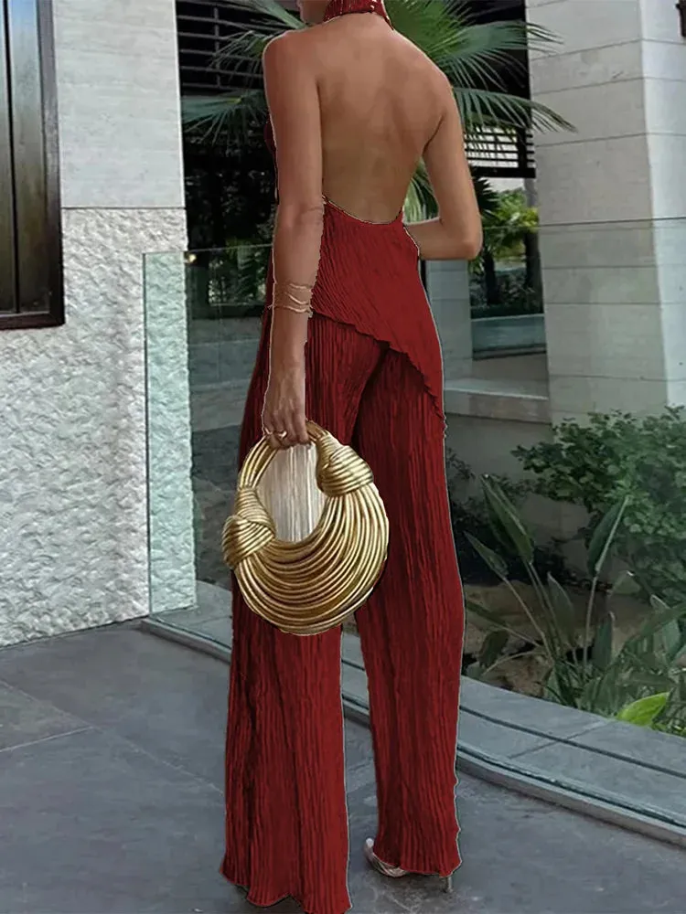 UAKISS  -  Women Summer Backless Patchwork Two Pieces Sets, Casual Half High Collar Fashion Outfit, 2024 Solid Wide Leg Pants Ladies Suits