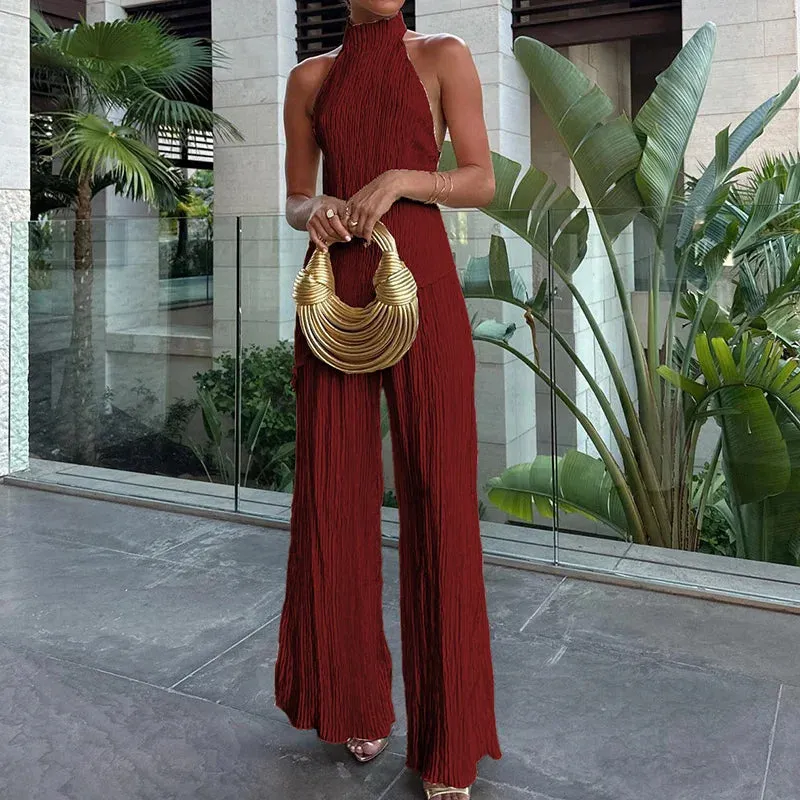 UAKISS  -  Women Summer Backless Patchwork Two Pieces Sets, Casual Half High Collar Fashion Outfit, 2024 Solid Wide Leg Pants Ladies Suits