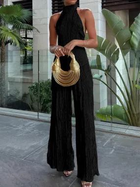 UAKISS  -  Women Summer Backless Patchwork Two Pieces Sets, Casual Half High Collar Fashion Outfit, 2024 Solid Wide Leg Pants Ladies Suits